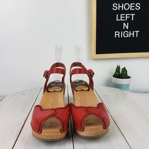 Swedish Hasbeens red heart wooden platform sandals
